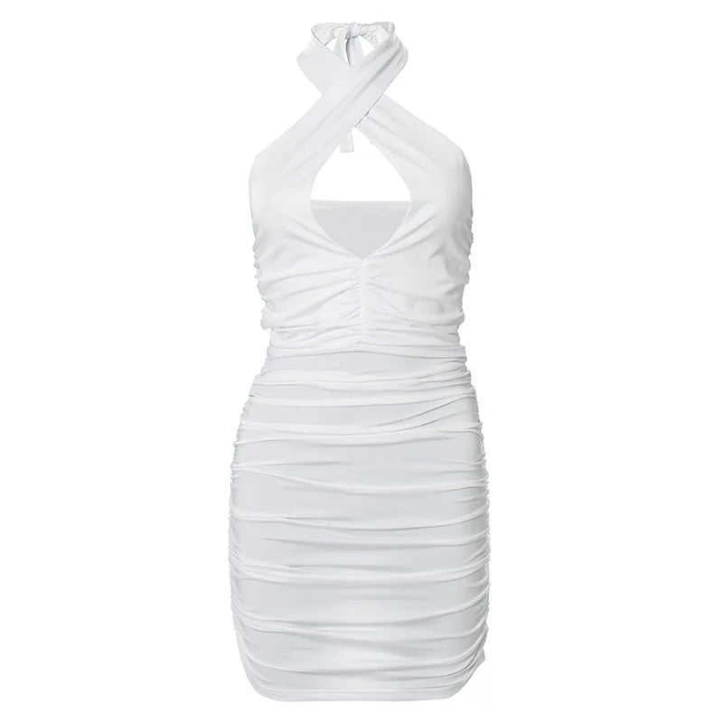 ZHYMIHRET White Cross Halter Ruched Women's Dress 2024 Summer Hollow Out Backless Sexy Dress Club Party Nightwear