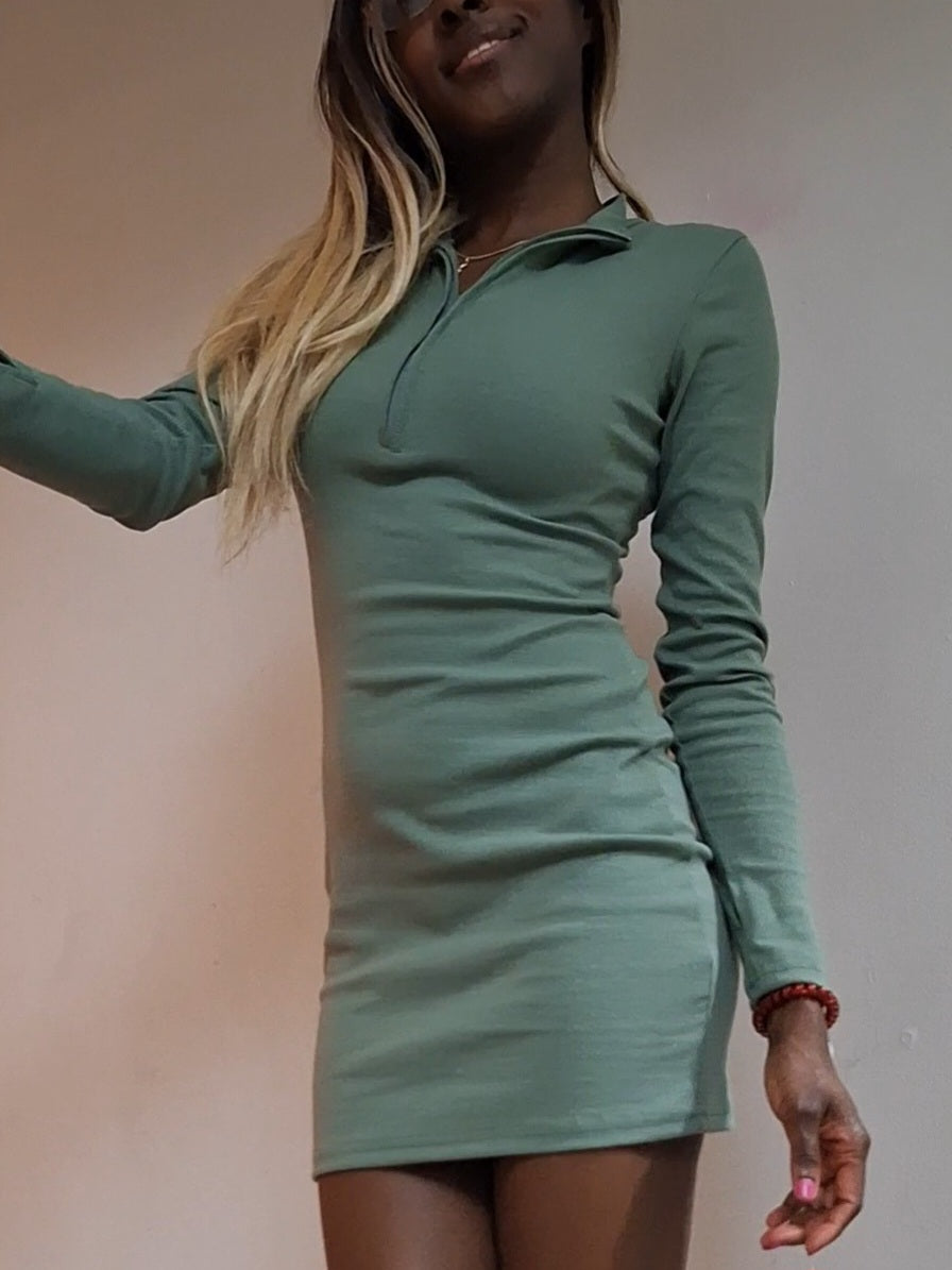 Ladies Elegant Solid Party Knitted Dress Women Casual Half-Zip Long Sleeve V-Neck Rib Bodycon Dress Slim Mini Dresses Knitwear