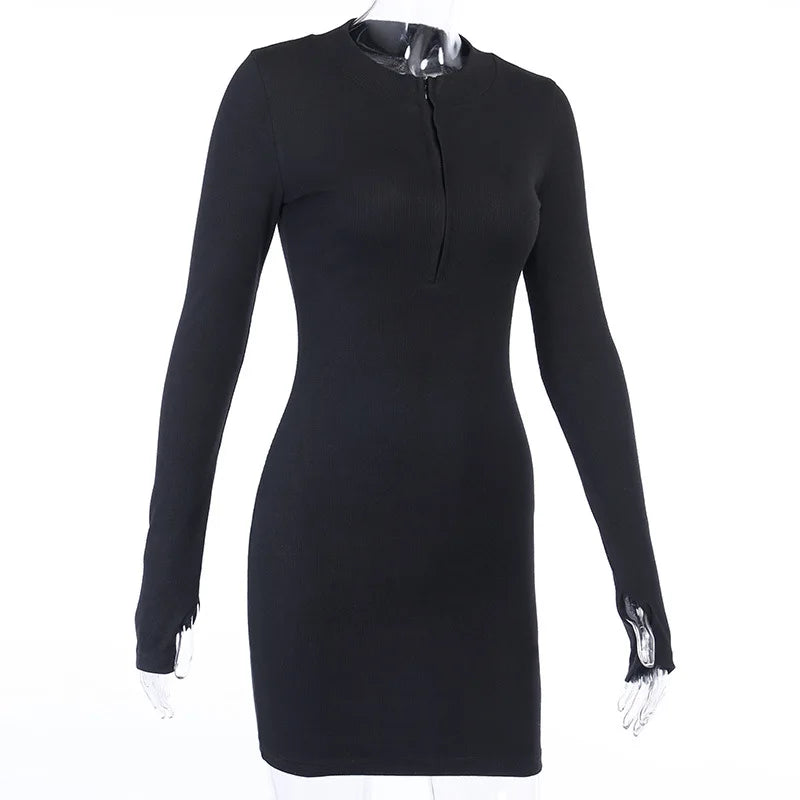 Ladies Elegant Solid Party Knitted Dress Women Casual Half-Zip Long Sleeve V-Neck Rib Bodycon Dress Slim Mini Dresses Knitwear