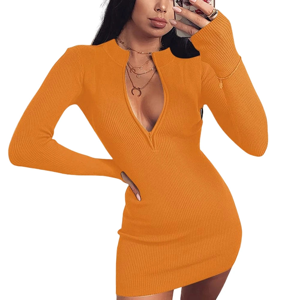 Ladies Elegant Solid Party Knitted Dress Women Casual Half-Zip Long Sleeve V-Neck Rib Bodycon Dress Slim Mini Dresses Knitwear