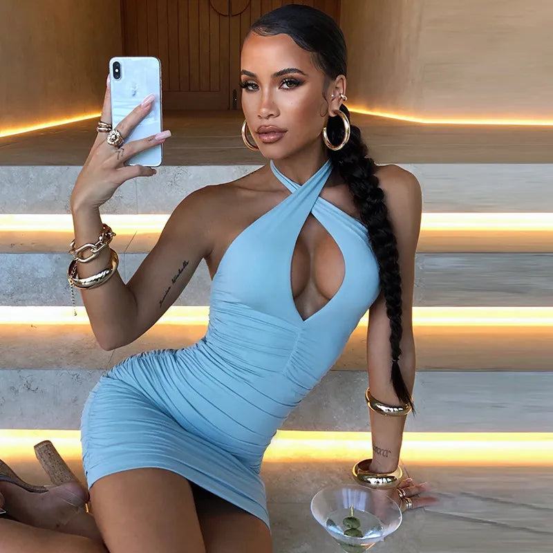 ZHYMIHRET White Cross Halter Ruched Women's Dress 2024 Summer Hollow Out  Backless Sexy Dress Club Party Nightwear